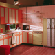 A studio kitchen, complete with overhead studio light and blatantly fake tree outside.